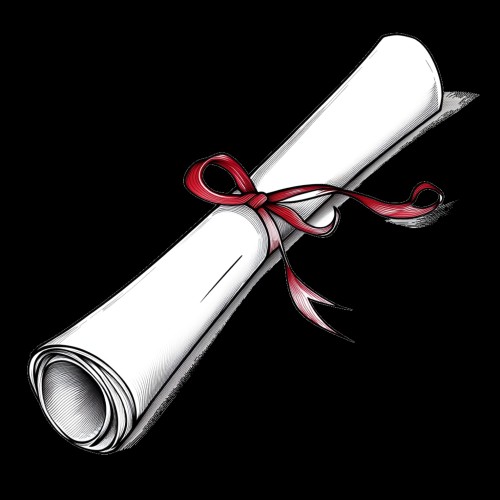 Drawing of a diploma wrapped with a ribbon.