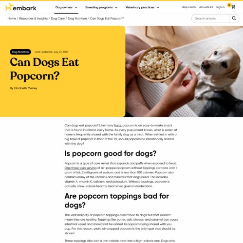 Cropped image showing the top of a blog post on Embark DNA titled "Can Dogs Eat Popcorn".