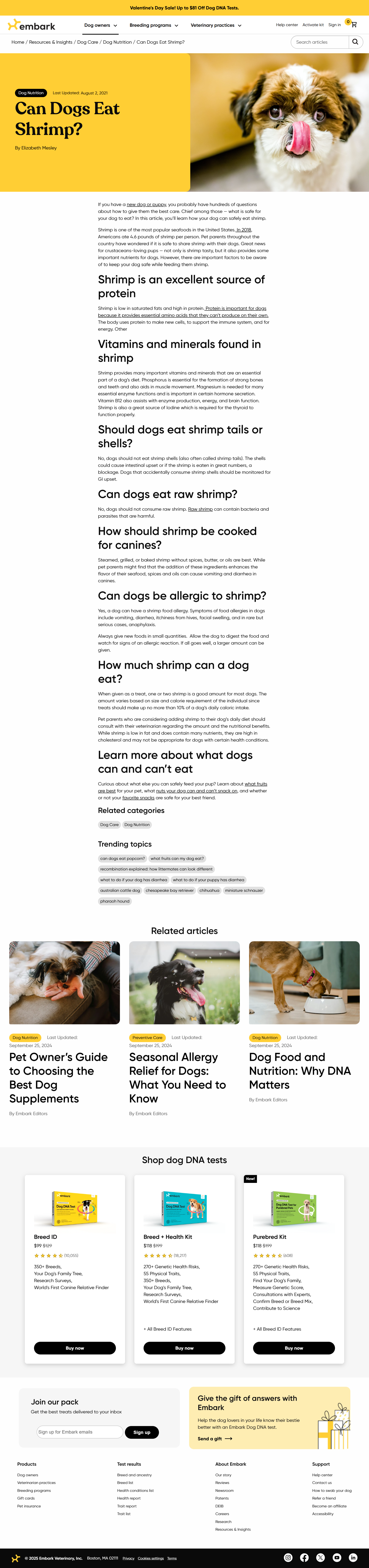 Screenshot of a blog post written for Embark Dog DNA, titled Can Dogs Eat Shrimp?