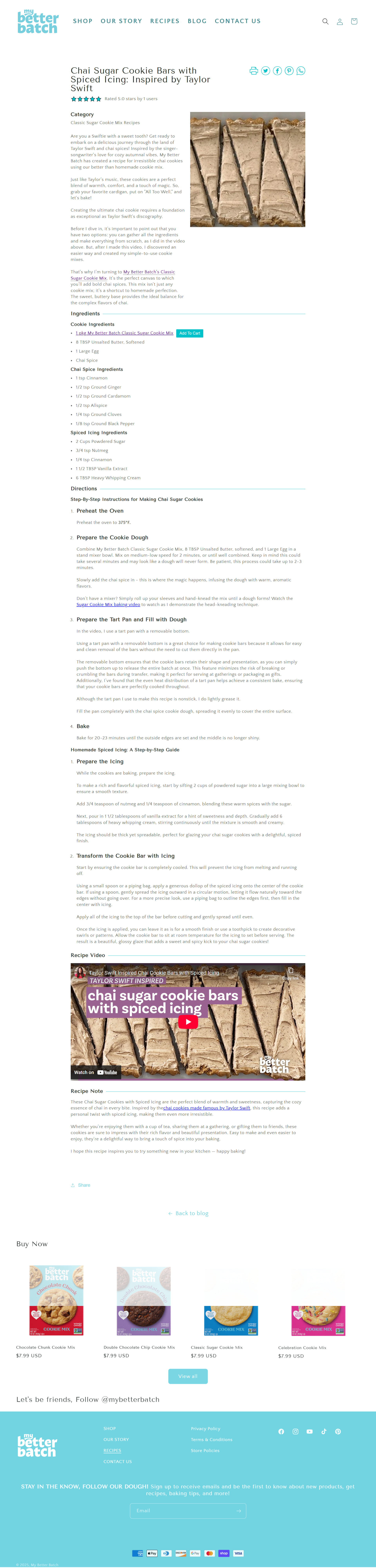 Screenshot of Chai Cookie Bar Recipe on My Better Batch, written and optimized by Elizabeth Mesley.