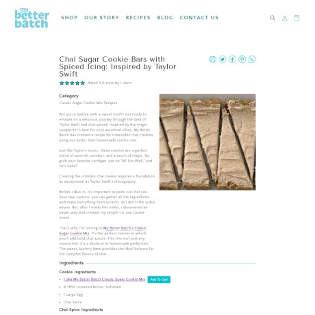 Screenshot of Chai Cookie Bar Recipe on My Better Batch